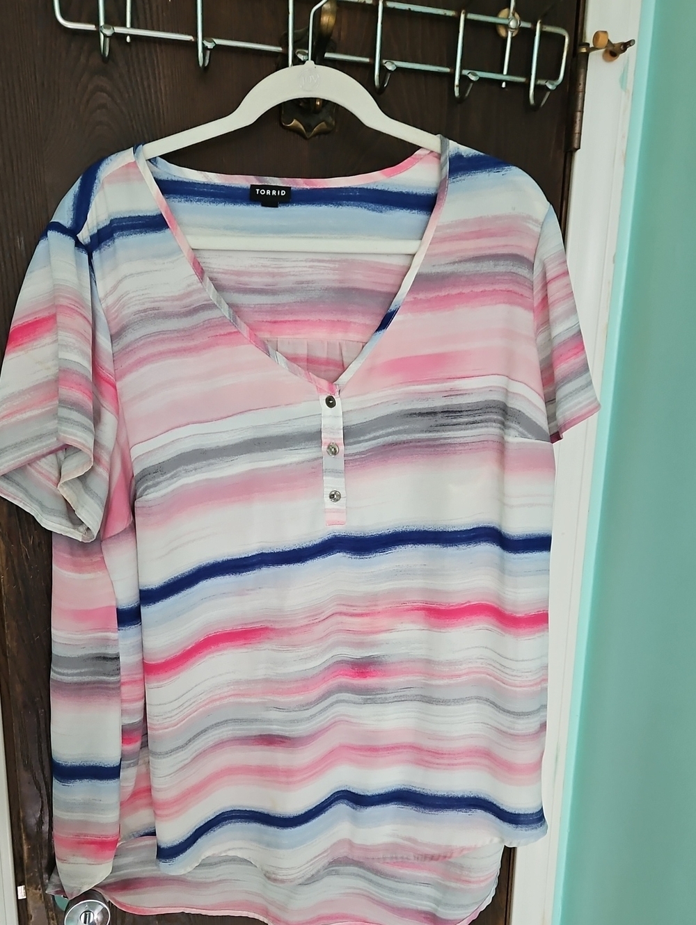 Torrid Pink, Blue and Gray Striped Blouse